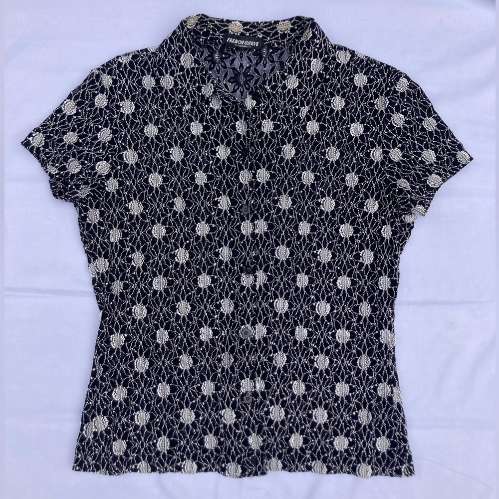 VTG 90's French Curve Lace Button Down Blouse, Black and White, Size M